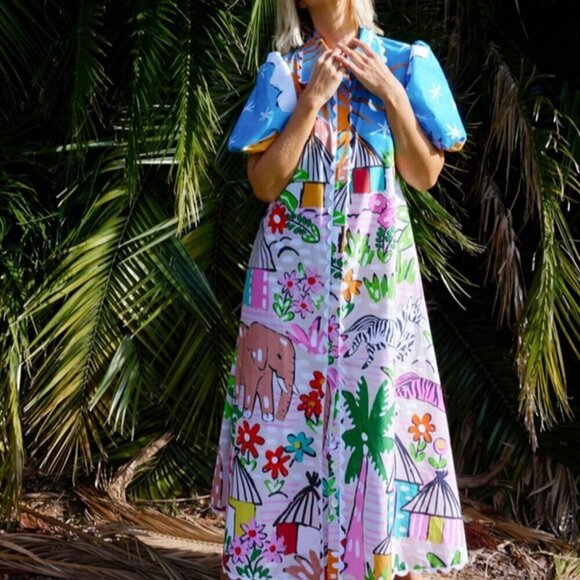 Boho Women's vacay Tropical Plant Print V-Neck Short Puff Sleeve maxi dress - Picture 6 of 8